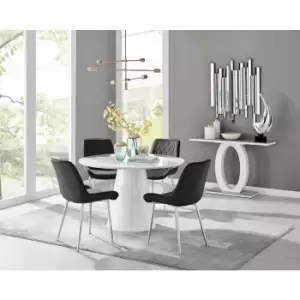 Image of Furniturebox Palma White High Gloss 4 Seat Minimalist Post Modern Round Dining Table & 4 Black Pesaro Silver Leg Velvet Chairs