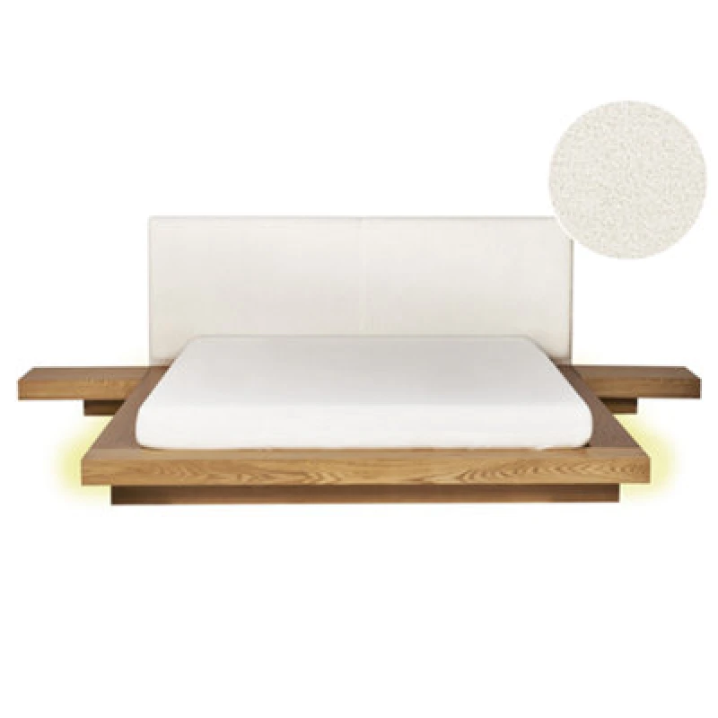 Image of Beliani Bed With LED Boucle Zen 160 X 200 Cm (Eu King Size) LED Natural Ash Wood