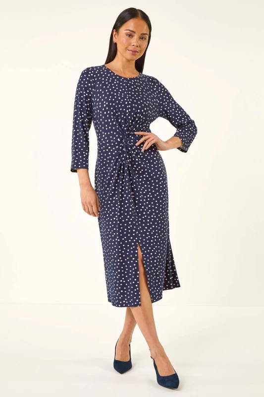 Image of Roman Womens Petite Polka Dot Front Knot Dress in Navy Size: 14 Navy Female 14