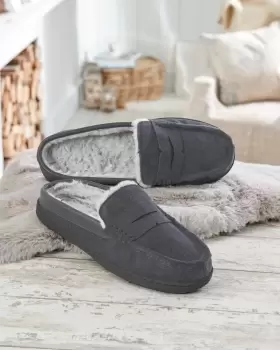 Image of Cotton Traders Mens Suede Fur-Lined Mule Moccasin Slippers in Grey