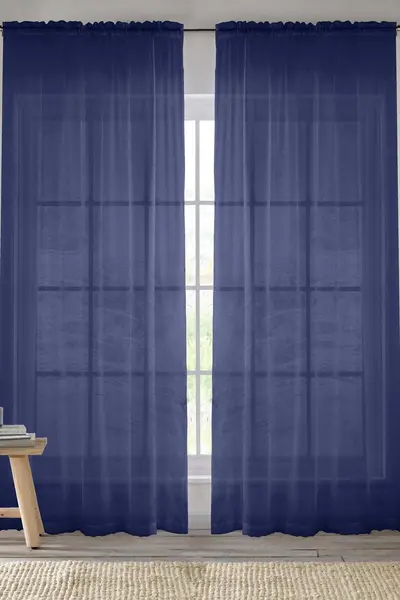 Image of Enhanced Living Sheer Plain Woven Voile Slot Top Curtain Panel Pair Navy