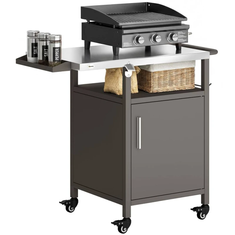 Image of OUTSUNNY Outdoor Grill Cart with Cabinet, Food Prep Table on Wheels in Dark Grey Dark Grey Unisex