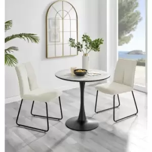 Image of Furniturebox UK - Furniturebox Elina White Marble Effect Modern 80cm Round Dining Table & 2 Cream Halle Fabric Chairs
