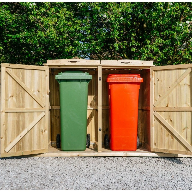 Image of Buttercup Farm Chatburn Double Wheelie Bin Store, Timber - Fits 2 x 360L Wheelie Bins in Brown Brown Unisex