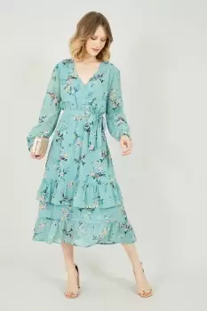 Image of Green Botanical Bird Print Gyspy Dress