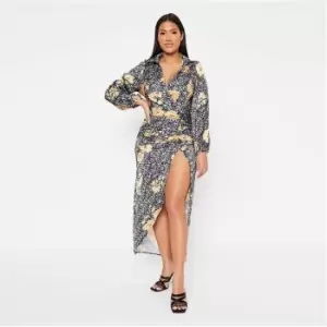 Image of I Saw It First Leopard Jacquard Satin Wrap Ruched Maxi Dress - Black