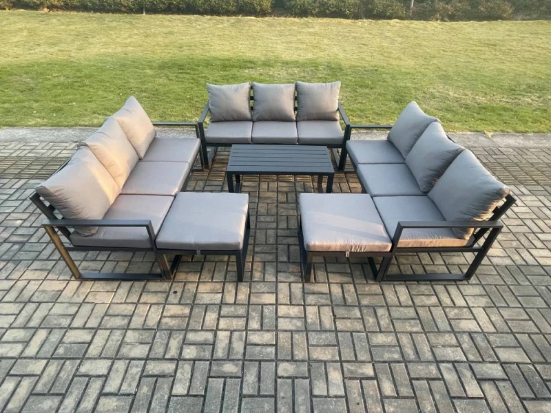Image of Fimous Aluminium Outdoor Garden Furniture Set Lounge Sofa Oblong Coffee Table 2 PC Big Footstool Sets with Cushions Dark Grey 11 Seater Dark Grey Unis