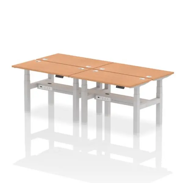 Image of Air Air Back-to-Back 1200 x 600mm Height Adjustable 4 Person Bench Desk Oak Top with Cable Ports Silver Frame HASCP4P12600OAKS