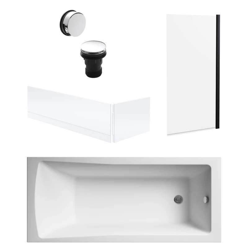 Image of Balterley Square Bath, Square Black Screen, Panels, Chrome Waste 1700x700mm Silver