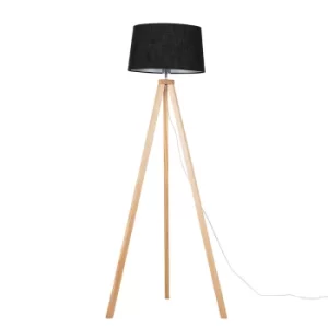 Image of Barbro Light Wood Tripod Floor Lamp with Black Doretta Shade