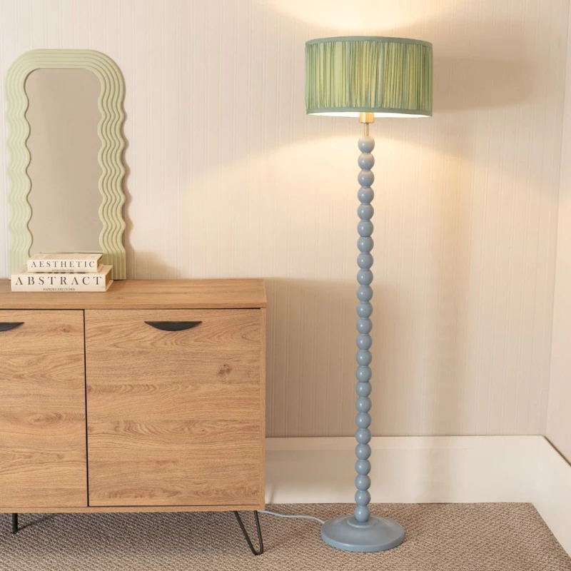 Image of ValueLights Bobbins Powder Blue Floor Lamp with Ruched Pleated Drum Lamp Shade Pale Green