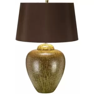 Image of Table Lamp Green Brown Glaze Finish Brown Tapered Cylinder Shade LED E27 60W