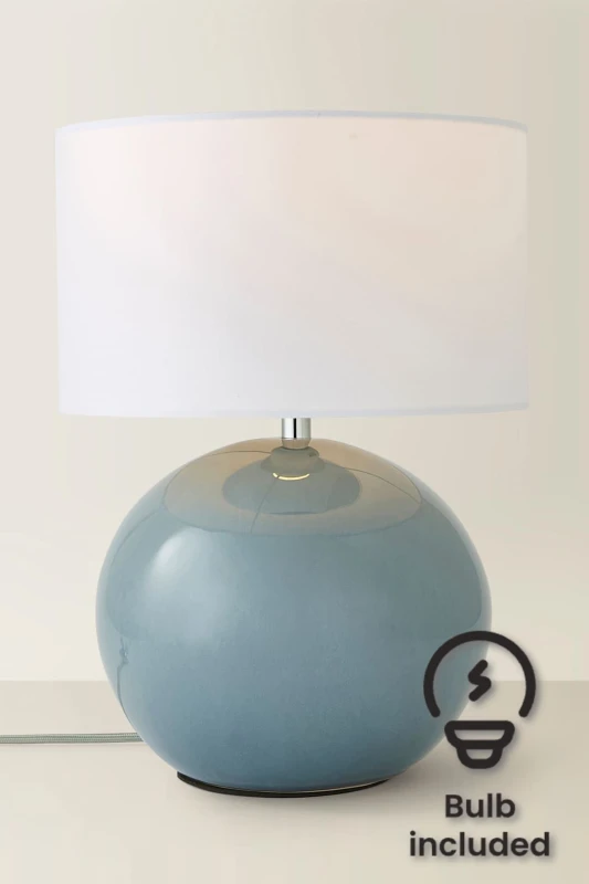 Image of ValueLights Bosco Eucalyptus Teal Globe Ceramic Table Lamp with Fabric Shade and LED Bulb White