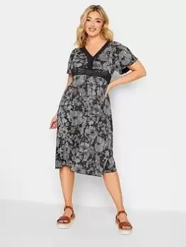 Image of Yours Floral V-Neck Lace Detail Dress, Black, Size 18, Women