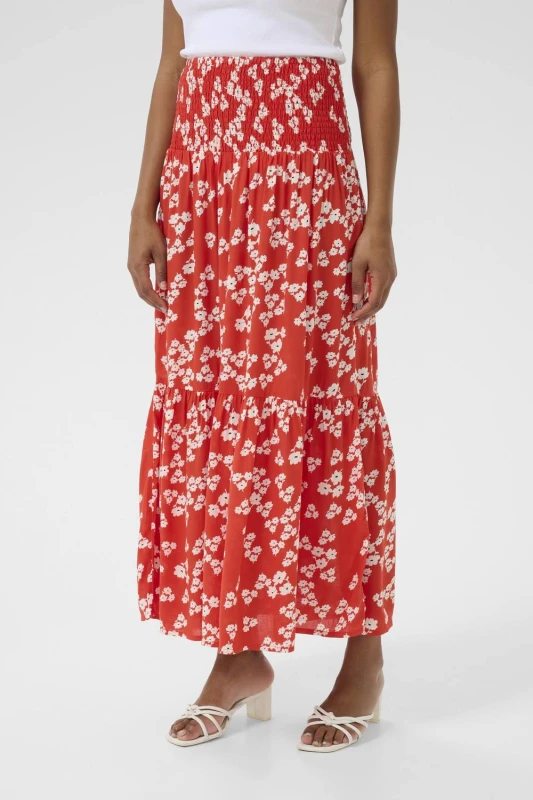 Image of Kaffe Womens Maxi Smock Waist A-Line Fit Skirt in Scarlet Size: Medium/Large Scarlet Female M/L