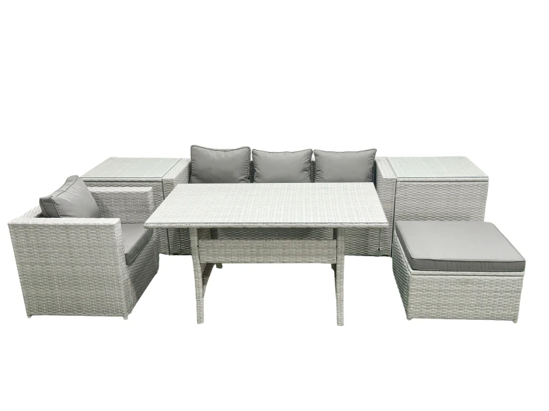 Image of Fimous Rattan Garden Furniture Dining Set 5 Seater Lounge Sofa Chair Dining Table Set with Big Footstool Light Grey Mixed Light Grey