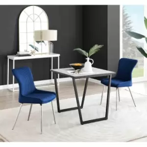 Image of Furniture Box Carson White Marble Effect Square Dining Table and 2 Blue Nora Silver Leg Chairs