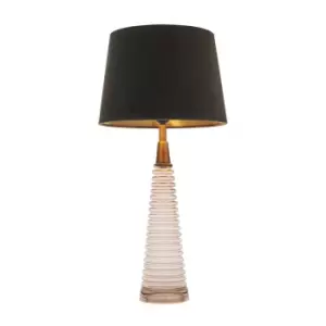 Image of Table Lamp - Rose Pink Ribbed Glass, Antique Brass & Mocha Velvet - 40W E27