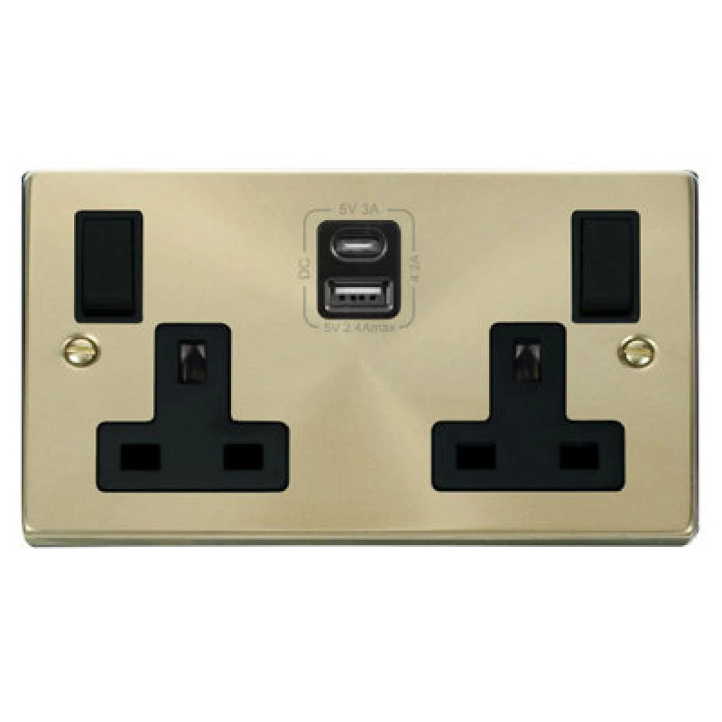 Image of SE Home Satin / Brushed Brass 2 Gang 13A Type A & C USB Twin Double Switched Plug Socket Gold