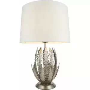 Image of Ornate Silver Table Lamp Light Ivory Cotton Fabric Shade Decorative Leaf Design
