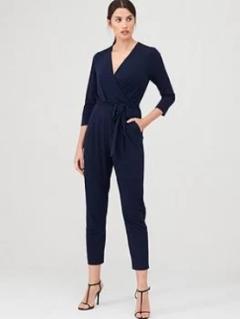 Image of Wallis Three-Quarter Sleeve Wrap Jumpsuit - Ink, Size 16, Women