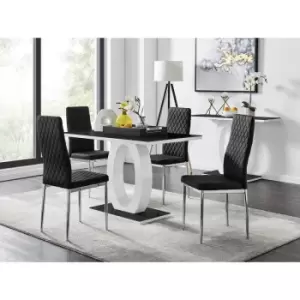 Image of Furniturebox UK - Furniturebox Giovani 4 Black Dining Table & 4 Black Milan Velvet Dining Chairs Diamond Stitch Modern Contemporary Chrome Metal