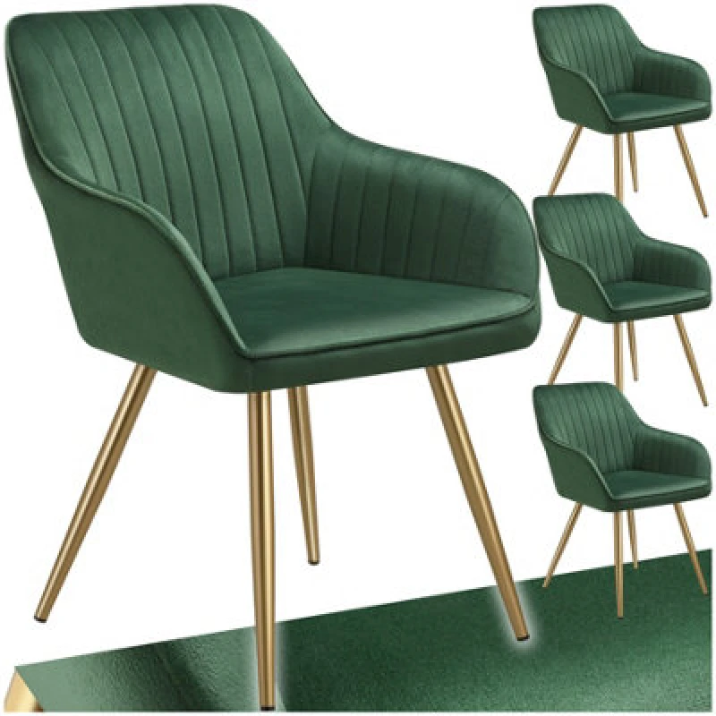 Image of Tectake Set Of 4 Dining Chair Marilyn - Quilted Velvet, Continuous Backrest, Gold Steel Legs - Dark Green/gold