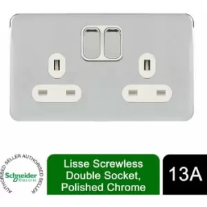 Image of Schneider Electric Lisse Screwless Deco - Switched Double Power Socket, 13A, GGBL3020WPC, Polished Chrome with White Insert