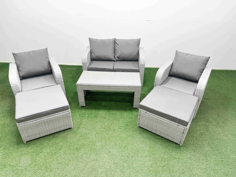 Image of Fimous Light Grey PE Wicker Rattan Garden Furniture Set Sofa Set Reclining Adjustable Chair Oblong Coffee Table 6 Seater 2 Big Stools Light Grey