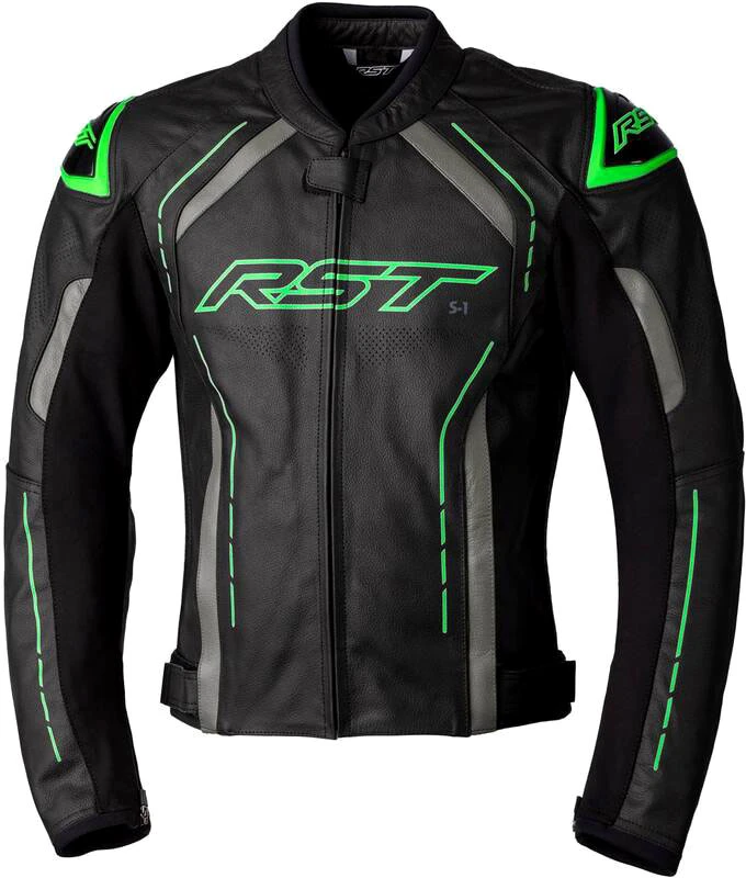 Image of RST S1 Leather Jacket Black Green Grey Size 42