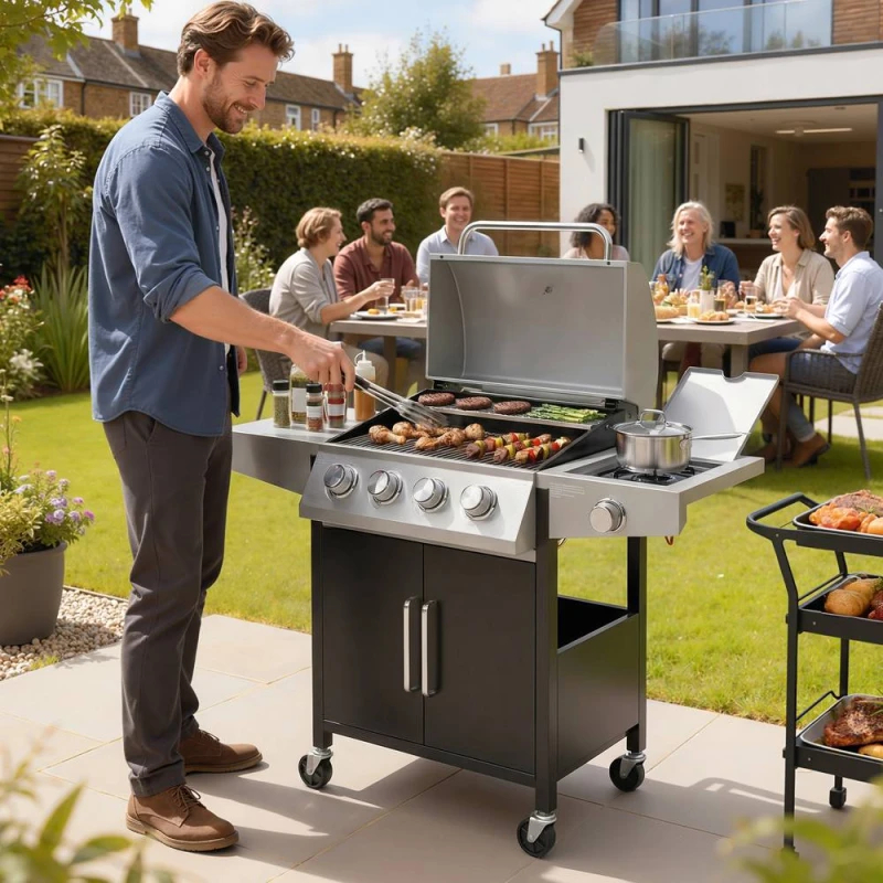 Image of OUTSUNNY 4+1 Burner Gas BBQ Grill with Side Burner, 50000 BTU Gas Grill in Silver Silver Unisex