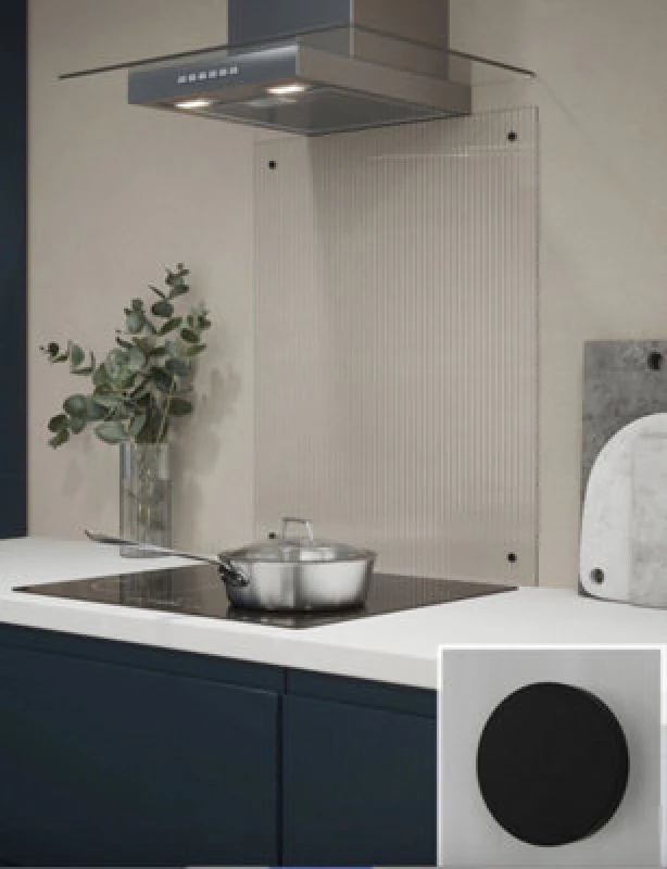 Image of Fluted Glass Kitchen Splashback (Fixing Kit With Matt Black Caps) 600mm X 750mm X 4mm