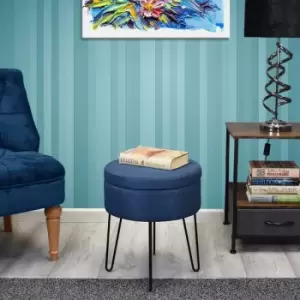 Image of Round Storage Stool in Blue Linen Fabric. Black Hairpin Legs. Stands 45cm tall. - Blue