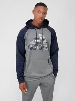 Image of adidas Train Game & Go Badge Of Sport Overhead Hoodie - Grey/Navy, Size L, Men