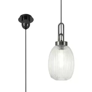 Image of Luminosa Acree Ceiling Pendant E27 With 20cm Almond Ribbed Glass, Clear Black Chrome, Matt Black
