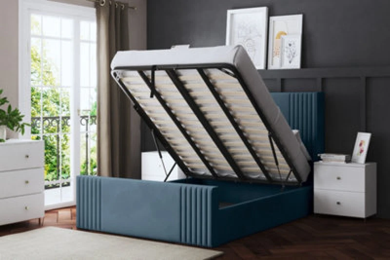 Image of DS LIVING Elara Winged Blue Upholstered Bed With Ottoman Metal Gas Lift Double AM_DVNSHROB_DBL_BLU
