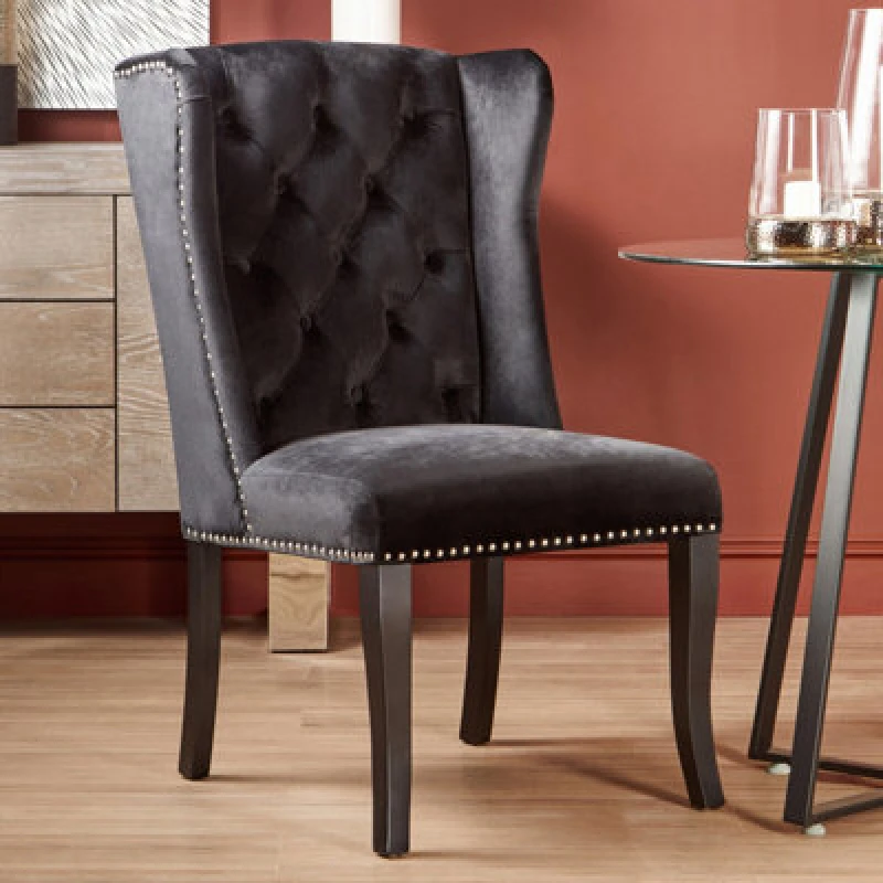 Image of Orsina Black Buttoned Velvet Dining Chairs, Velvet Upholstered Chair With Wooden Legs, Accent Chair For Living Room