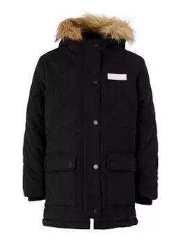Image of Jack Wills Girls Faux Fur Collared Diamond Quilted Coat - Black, Size 7-8 Years, Women