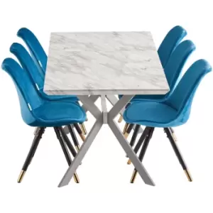 Image of 7 Pieces Life Interiors Sofia Blaze Dining Set - a White Extendable Rectangular Wooden Dining Table and Set of 6 Blue Dining Chairs - Blue