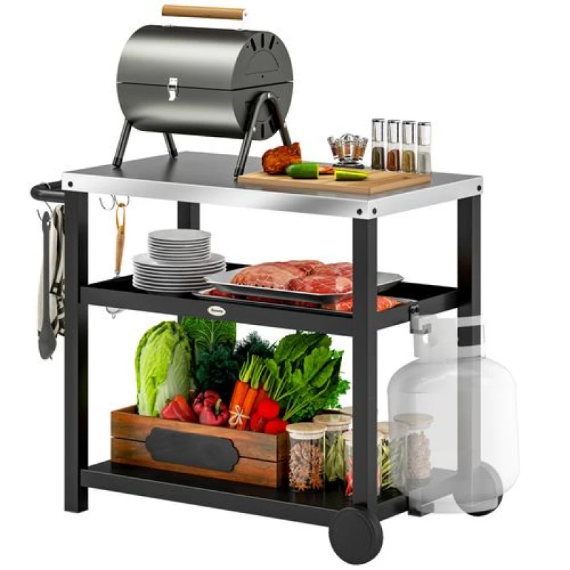 Image of Outsunny Outdoor BBQ Table with 2-Tier Shelf, Outdoor Kitchen, Charcoal Grey 846-163V00CG