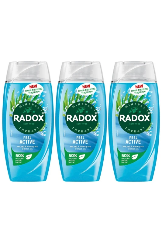 Image of Radox 'Shower Gel' Feel Active with Sea Salt & Lemongrass, 3 x 225ml Blue female
