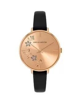 Image of Amelia Austin Floral Ladies Black Leather Strap Clear Stone Set Etched Dial Watch, Rose Gold, Women