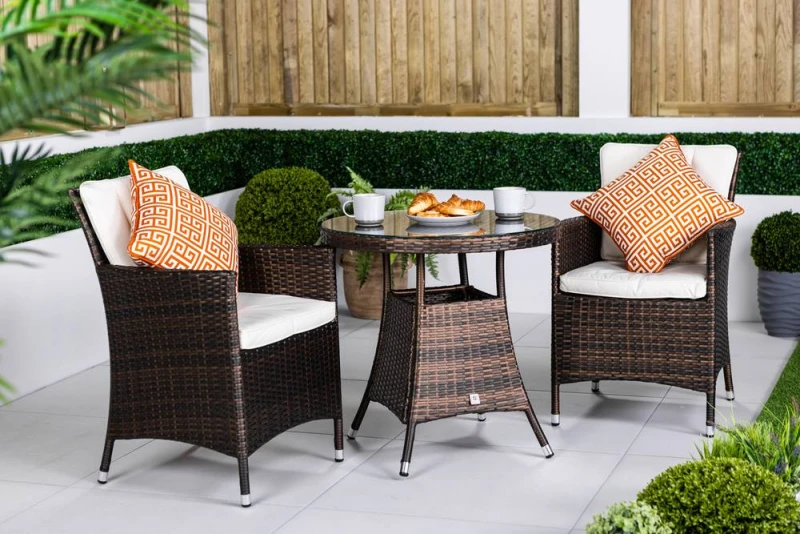 Image of Thats Furniture Savannah Round Rattan Garden Bistro Table & Chairs Set 2 Seater in Brown Brown Unisex