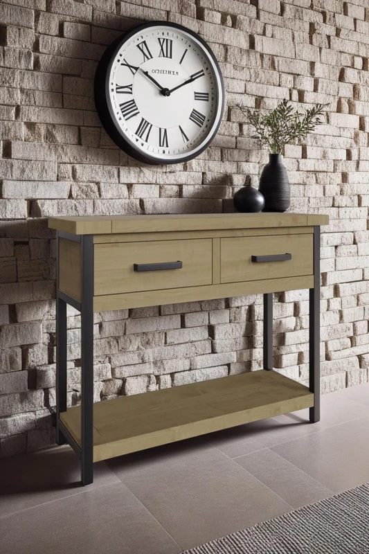 Image of FWStyle FWStyle 2 Drawer Solid Pine Hallway Console Table in Brown Brown One Size Unisex 5056413124135