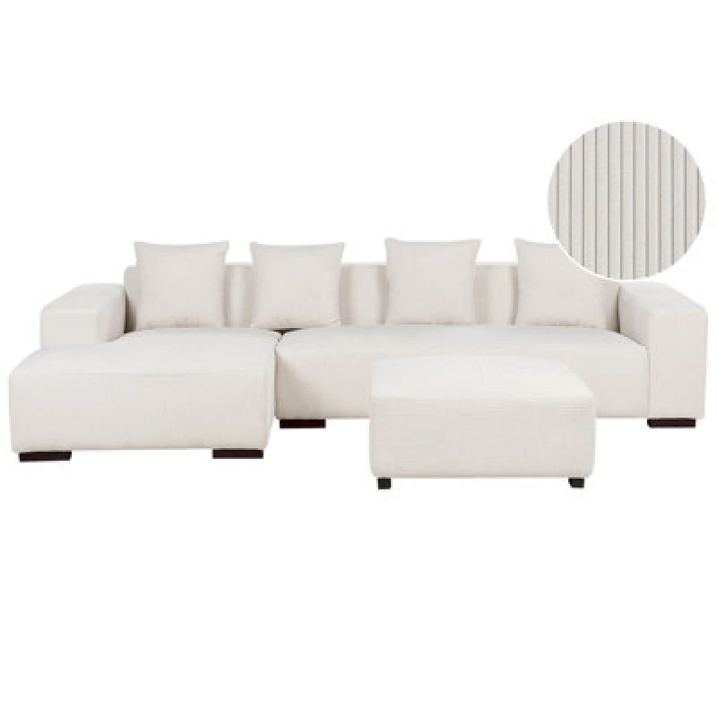 Image of Beliani Corner Sofa 4 Seater Lungo Corduroy Off-White With Ottoman Right Hand