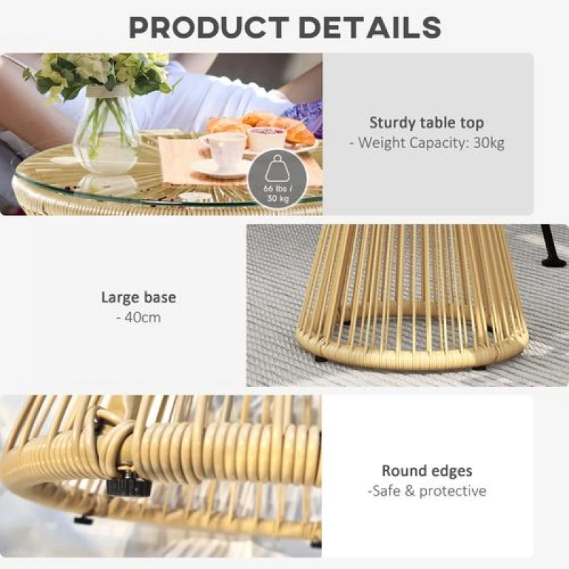 Image of Outsunny PE Rattan End Table, Round Side Table, Tempered Glass Top Coffee Table, Natural Natural