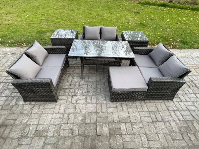 Image of Fimous Wicker PE Rattan Garden Furniture Sets Outdoor Lounge Sofa Set with Oblong Dining Table Double Seat Sofa 2 Side Tables in Dark Grey Dark Grey U