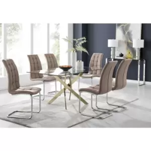 Image of Furniturebox Leonardo 150cm Modern Glass And Gold Metal Dining Leg Table And 6 Cappuccino Beige Murano Faux Leather Silver Chrome Leg Dining Chairs