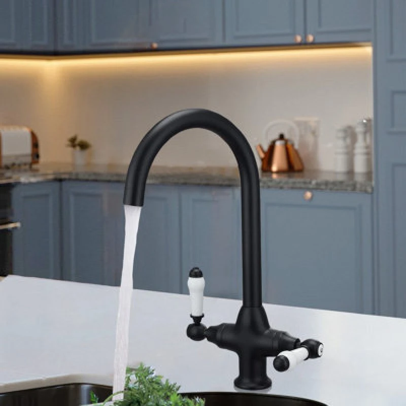 Image of Nes Home Traditional Matte Black Twin Lever Kitchen Mixer Tap With Swivel Spout