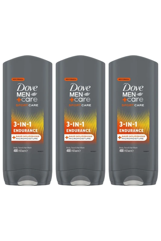 Image of Dove Men+Care 'Hair, Face & Body Wash' 3 in 1 Endurance, 3x400ml Grey male